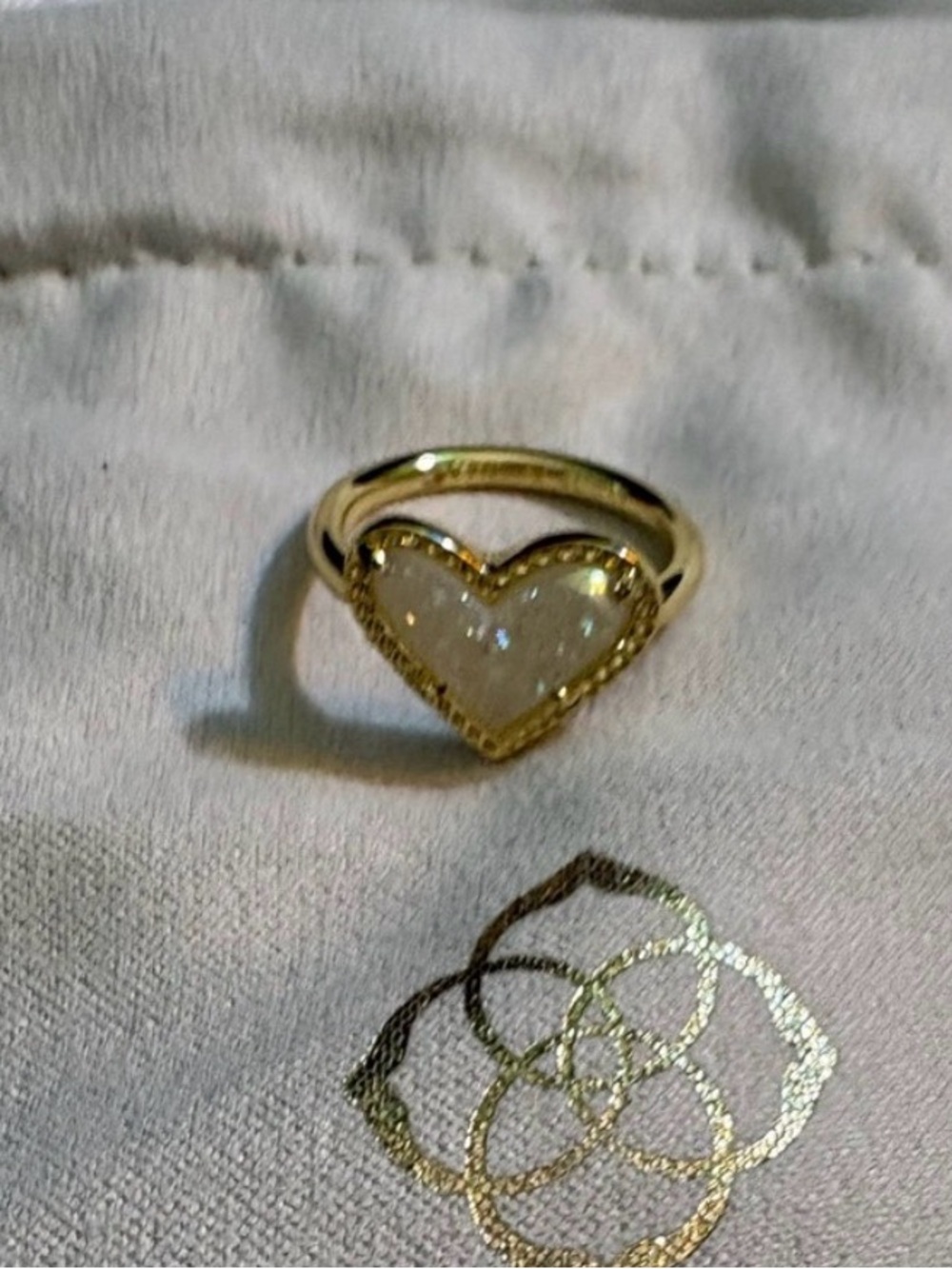 Kendra Scott Gold Heart Ari  Ring with Sparkling White Druzy size 6 or 7